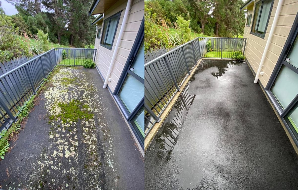 Asphalt cleaning in Porirua, before and after, sealed asphalt driveway lifted from grimy weathered surface to clean fresh asphalt