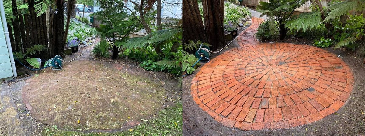 Patio cleaning in Karori, before and after, paver or brick surface restored from weathered grey to clean original colour