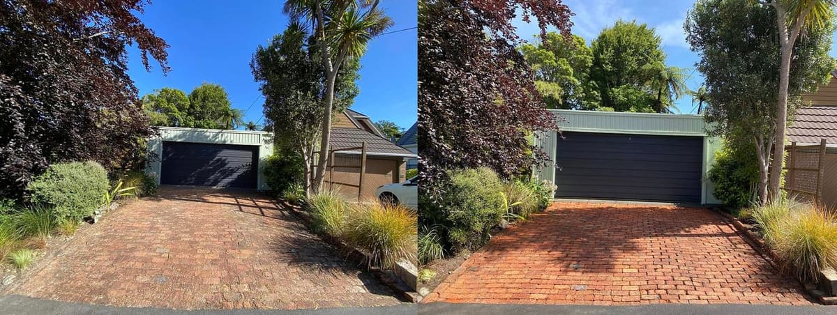 Patio cleaning in Karori, before and after, paver or brick surface restored from weathered grey to clean original colour