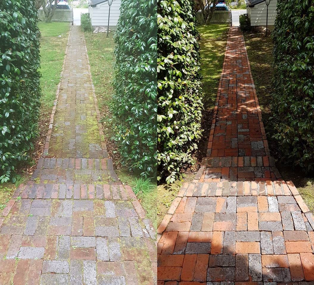 Patio cleaning in Karori, before and after, paver or brick surface restored from weathered grey to clean original colour