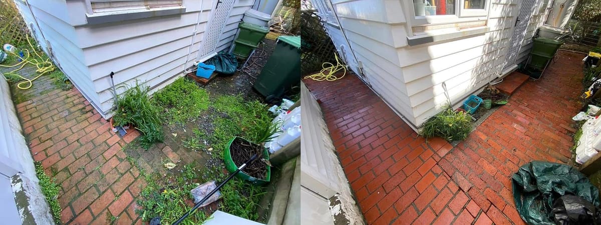 Patio cleaning in Khandallah, before and after, paver or brick surface restored from weathered grey to clean original colour