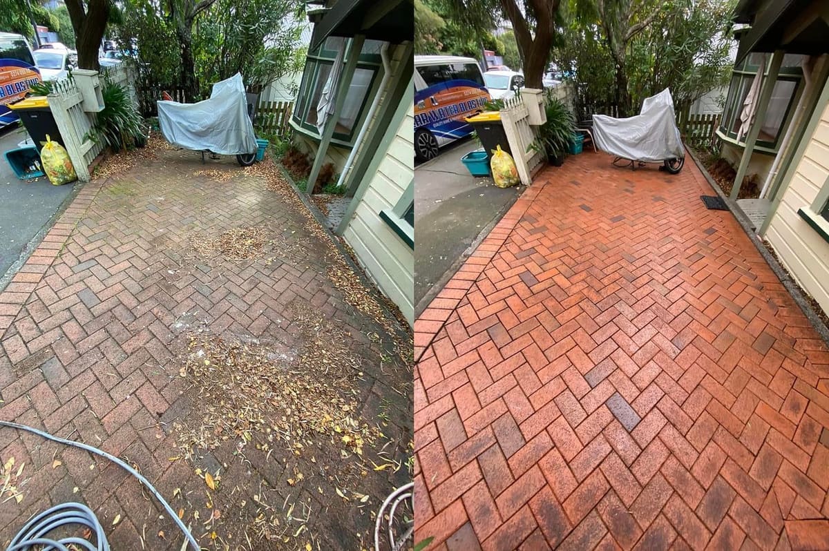 Patio cleaning in Mount Cook, before and after, paver or brick surface restored from weathered grey to clean original colour