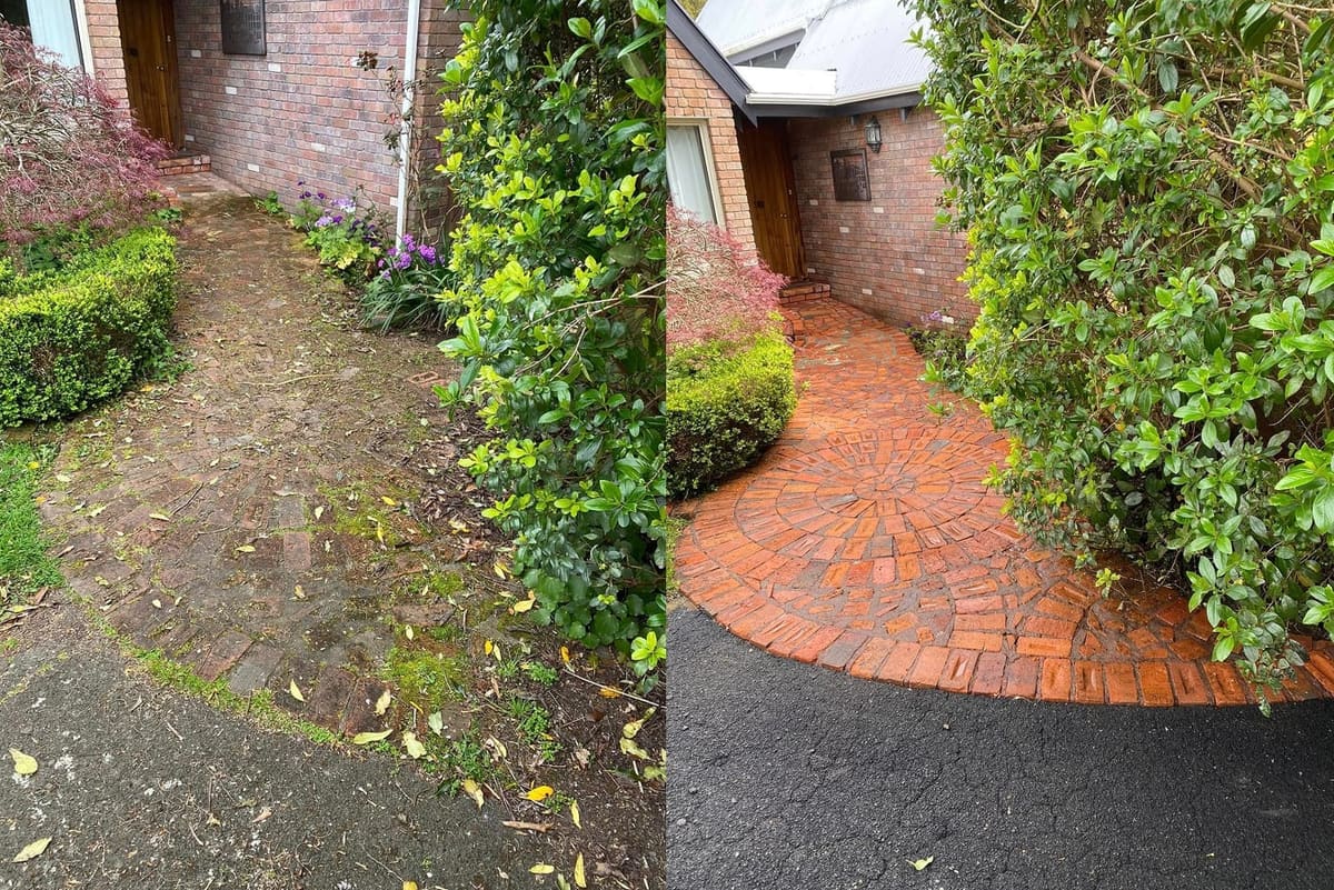 Patio cleaning in Tawa, before and after, paver or brick surface restored from weathered grey to clean original colour