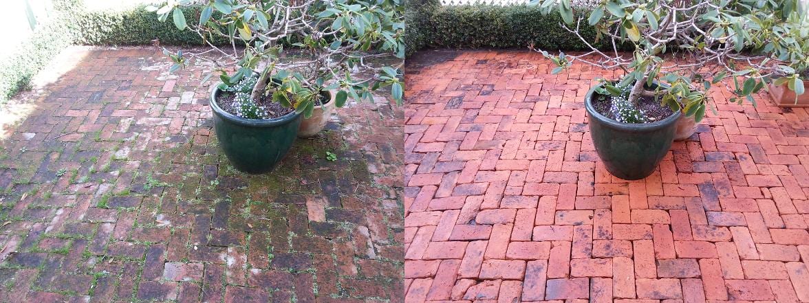 Patio cleaning in Thorndon, before and after, paver or brick surface restored from weathered grey to clean original colour