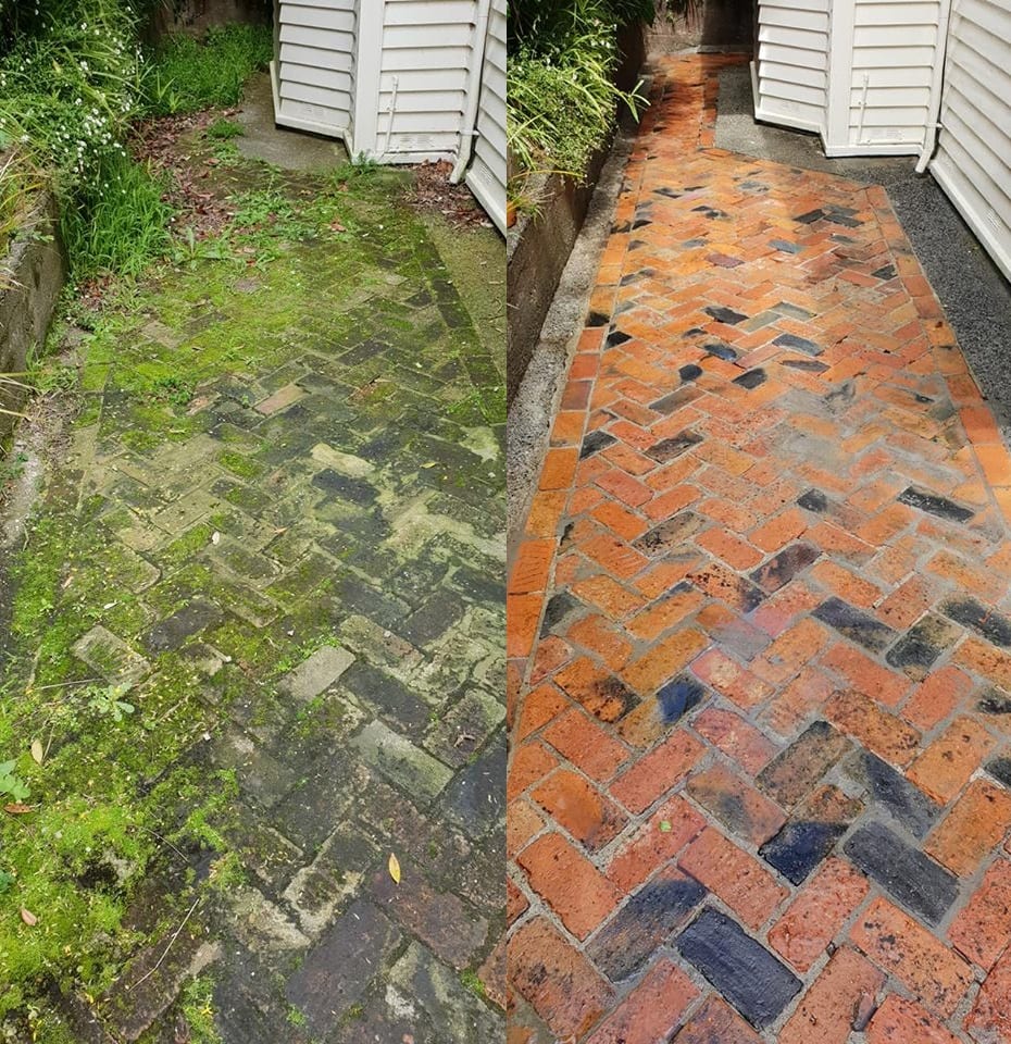 Patio cleaning in Wilton, before and after, paver or brick surface restored from weathered grey to clean original colour