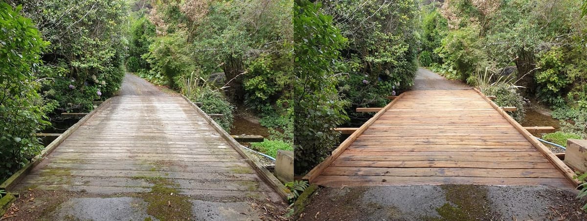 Garden footbridge restoration in Karori, before and after, mossy weathered timber bridge over a stream, sanded and refinished to warm fresh timber