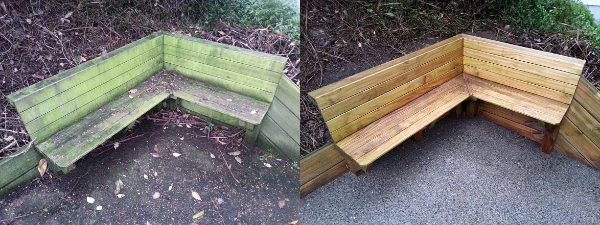 Outdoor chair restoration in Mount Cook, before and after, weathered timber outdoor chair sanded and refinished