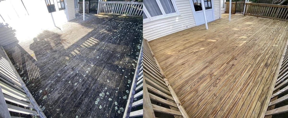 Deck restoration in Wellington, wooden upper deck with railings outside a house, heavy mould and lichen spotting before, fresh sanded timber after
