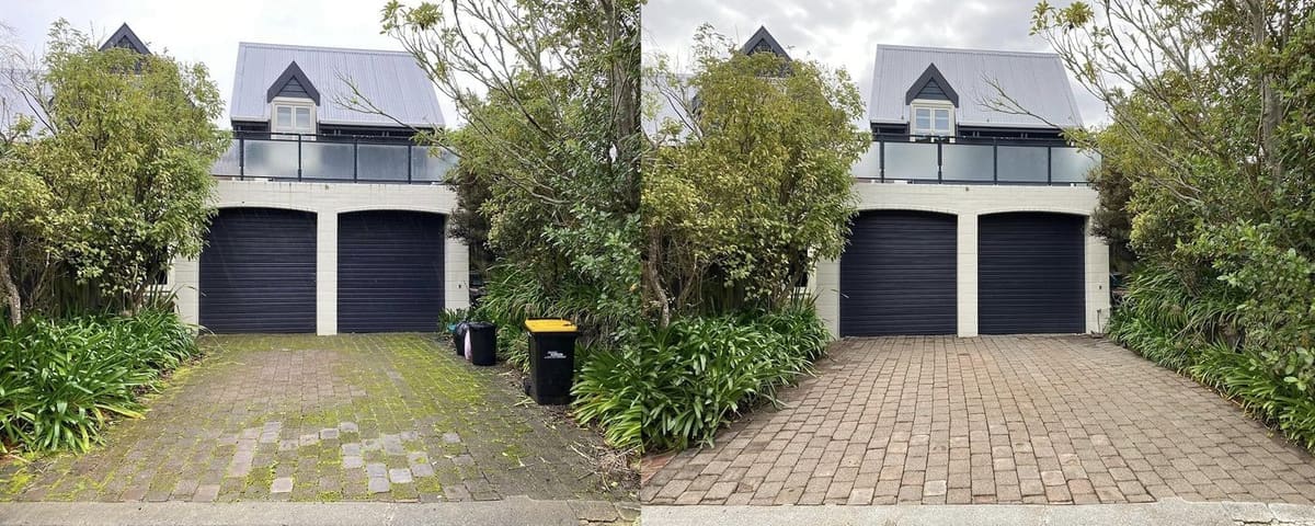 Driveway cleaning in Wellington, paver driveway in front of a double garage with dormer above, green algae before, clean brick after