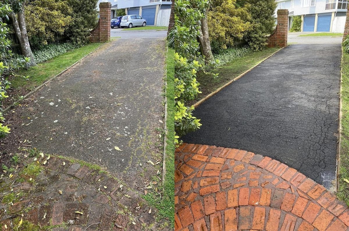 Driveway cleaning in Wellington, asphalt driveway with decorative red-brick paver edging, dirty before, clean fresh asphalt after