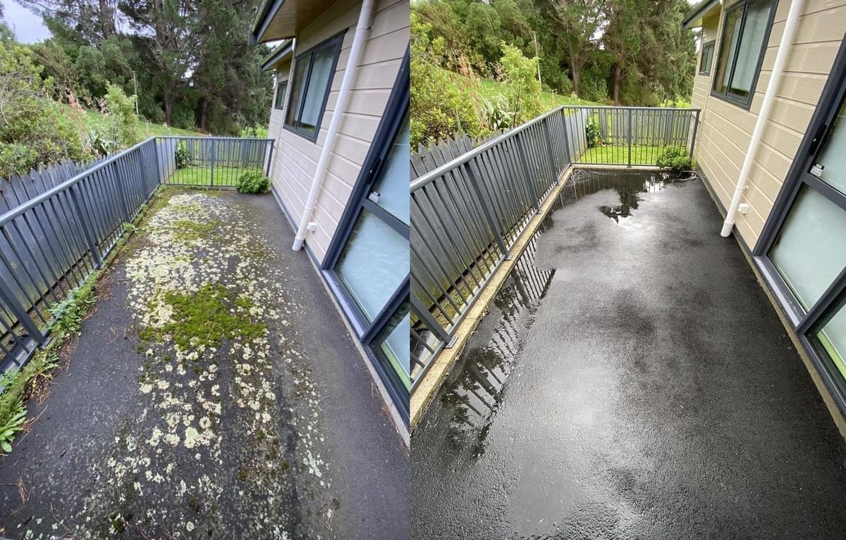 Path cleaning in Hutt Valley, concrete walkway between two house walls, moss and wildflower growth before, clean dark wet concrete after