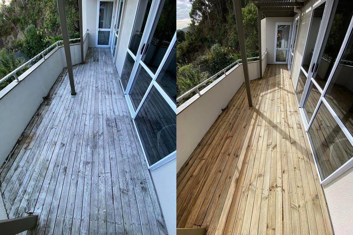 Wellington balcony deck restoration before and after, narrow weathered grey timber balcony deck before, freshly stained warm timber after sanding and stain application