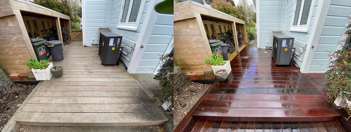 Deck restoration in Berhampore, before and after, weathered grey timber cleaned and restored to fresh natural tone