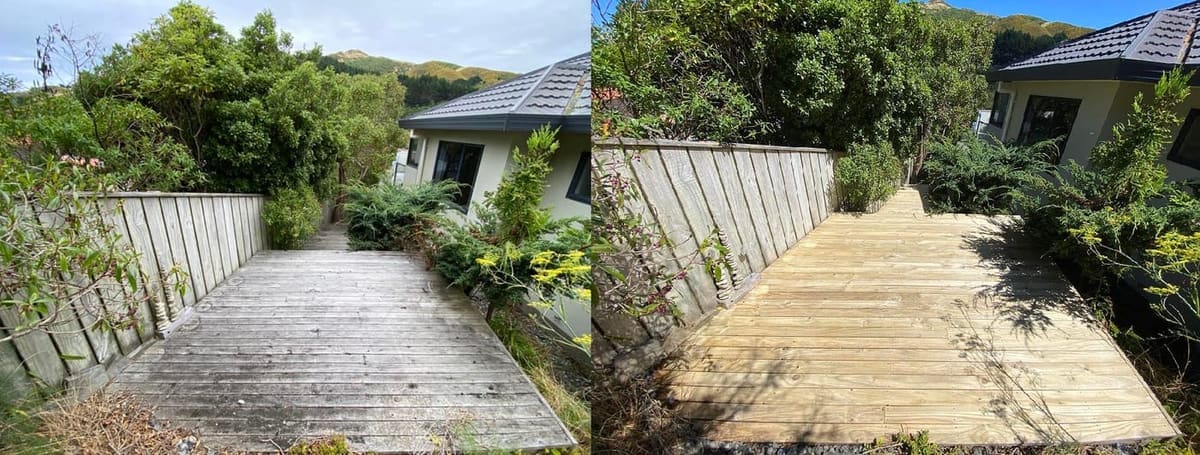 Wellington timber bridge walkway restoration before and after, weathered grey timber bridge walkway between houses before, fresh warm-toned timber decking after sanding and a clean
