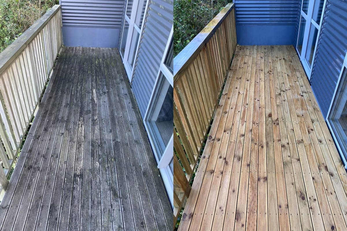 Deck restoration in Crofton Downs, before and after, weathered grey timber cleaned and restored to fresh natural tone