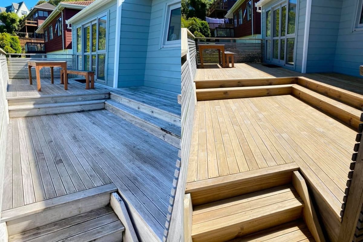 Deck restoration in Crofton Downs, before and after, weathered grey timber cleaned and restored to fresh natural tone