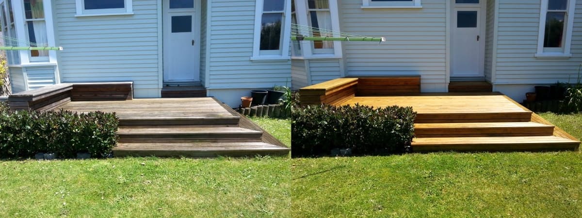 Deck restoration in Hataitai, before and after, weathered grey timber cleaned and restored to fresh natural tone