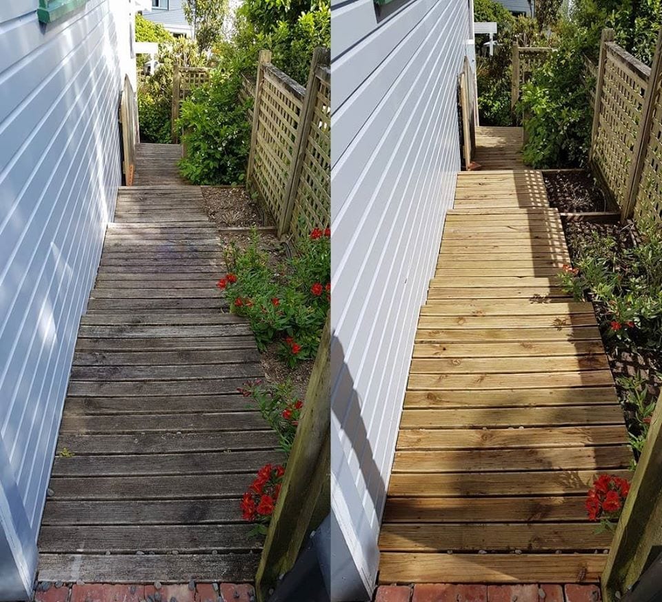 Deck restoration in Hataitai, before and after, weathered grey timber cleaned and restored to fresh natural tone