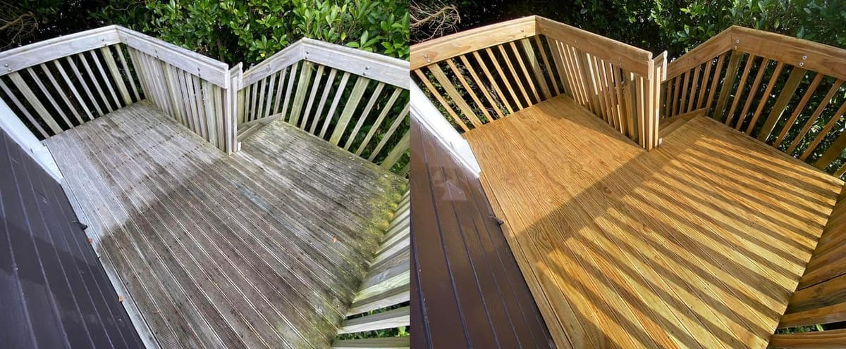 Deck restoration in Johnsonville, before and after, weathered grey timber cleaned and restored to fresh natural tone