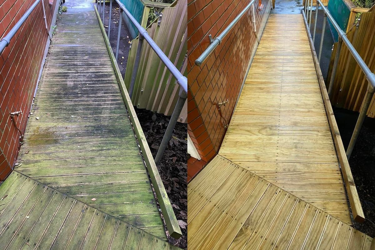 Deck restoration in Johnsonville, before and after, weathered grey timber cleaned and restored to fresh natural tone