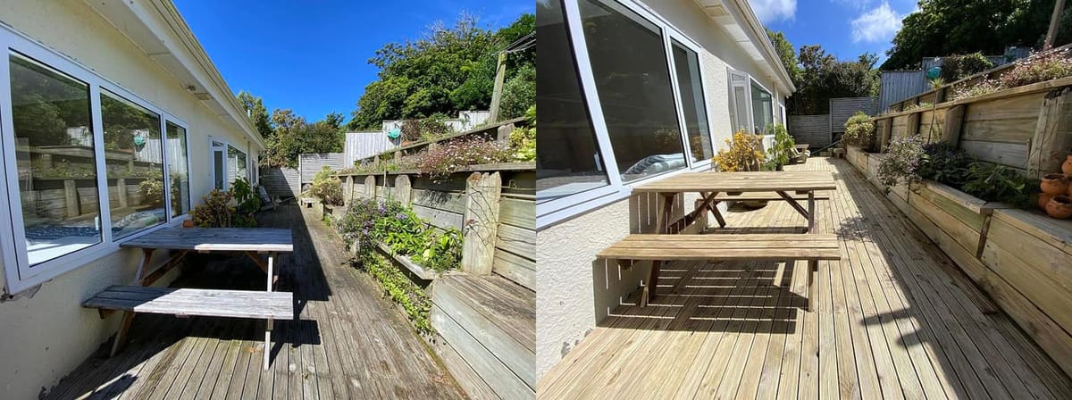 Deck restoration in Johnsonville, before and after, weathered grey timber cleaned and restored to fresh natural tone
