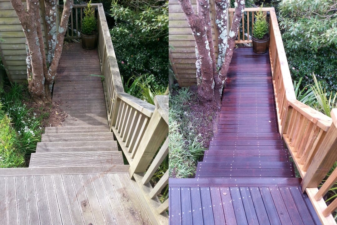 Deck restoration in Karori, before and after, weathered grey timber cleaned and restored to fresh natural tone