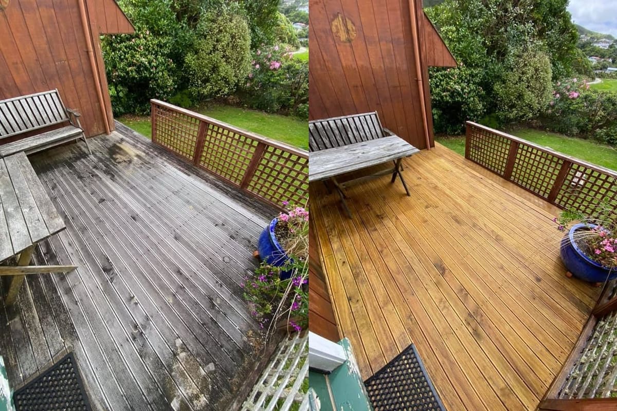 Deck restoration in Karori, before and after, weathered grey timber cleaned and restored to fresh natural tone