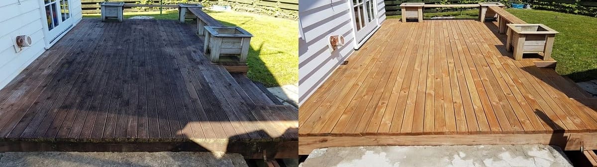 Deck restoration in Kelson, before and after, weathered grey timber cleaned and restored to fresh natural tone