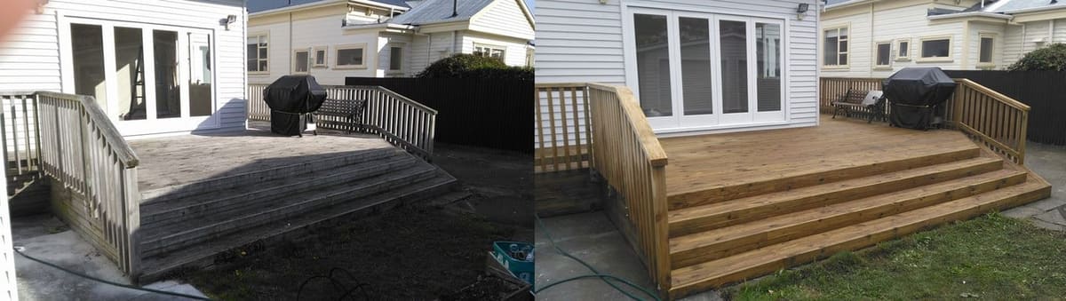 Deck restoration in Khandallah, before and after, weathered grey timber cleaned and restored to fresh natural tone
