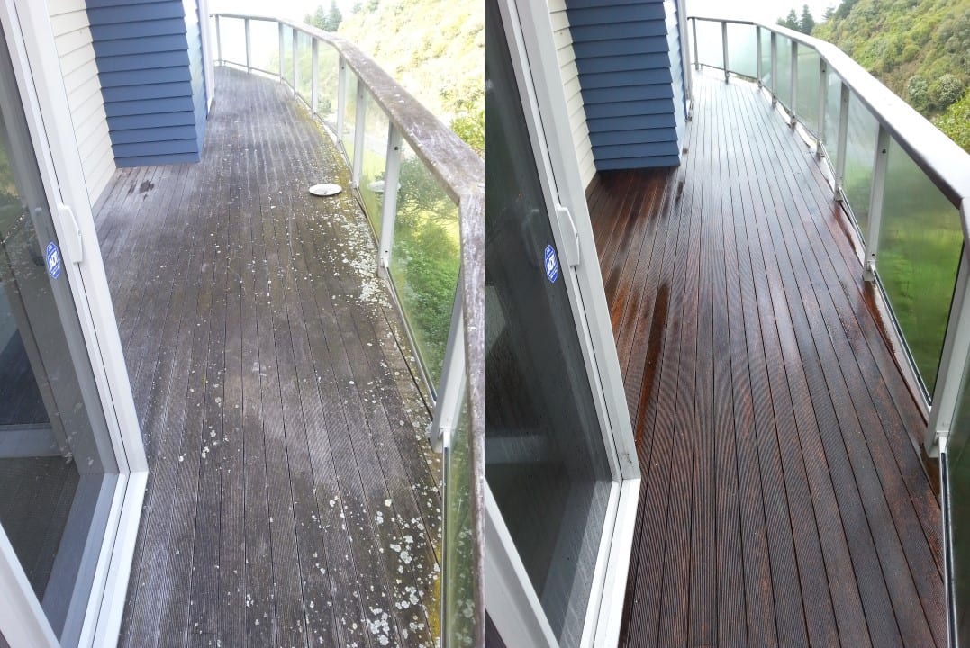 Deck restoration in Khandallah, before and after, weathered grey timber cleaned and restored to fresh natural tone