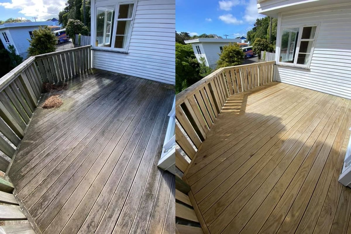 Deck restoration in Kingston, before and after, weathered grey timber cleaned and restored to fresh natural tone