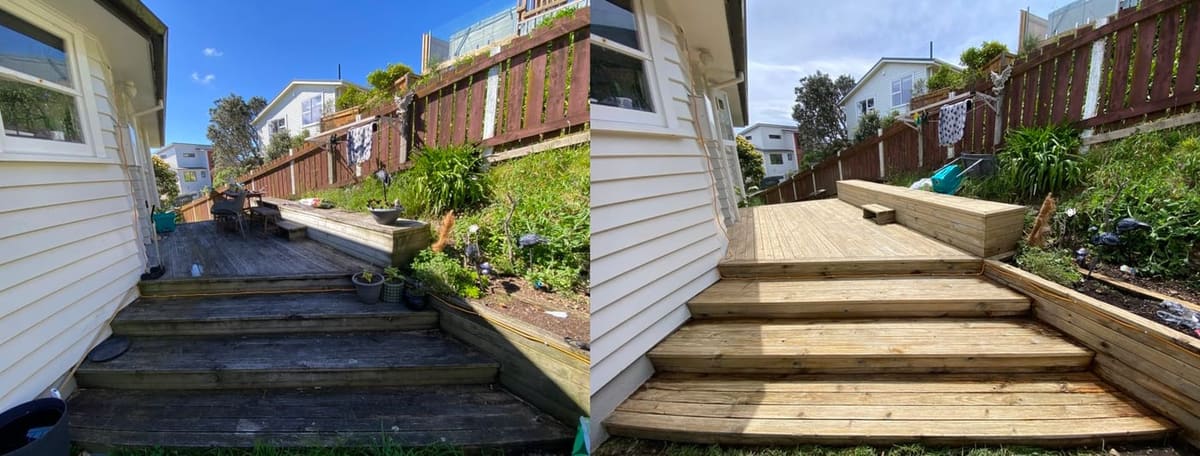 Deck restoration in Kingston, before and after, weathered grey timber cleaned and restored to fresh natural tone