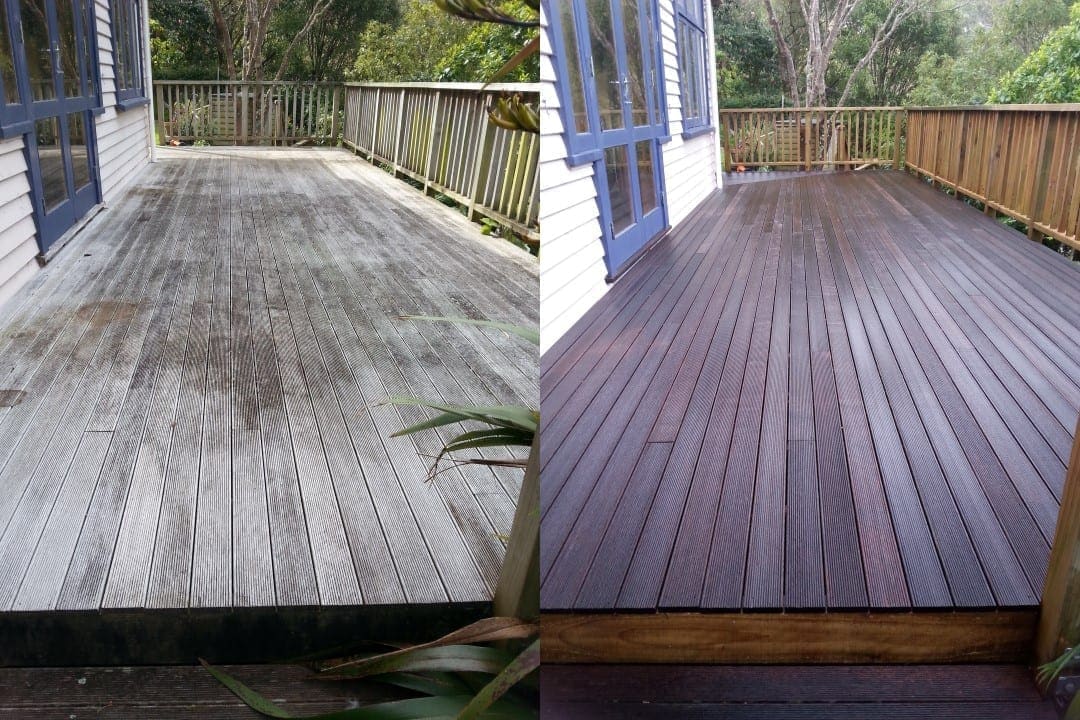 Wellington deck restoration before and after, large timber deck off blue-trimmed French doors, weathered grey before, freshly stained warm timber after