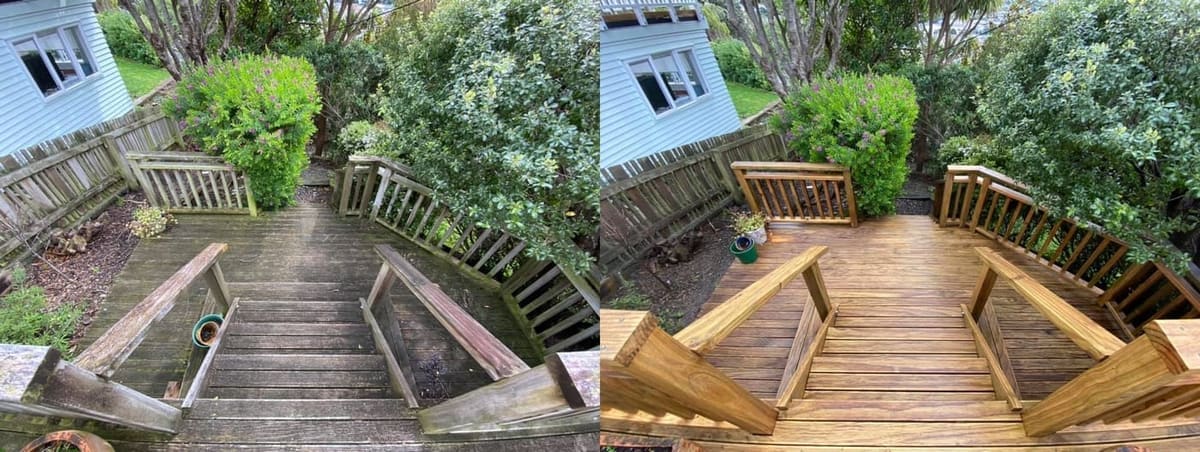 Wellington deck restoration before and after, large timber deck with steps blackened by mould and weathering before, fresh warm-toned timber after sanding and a clean