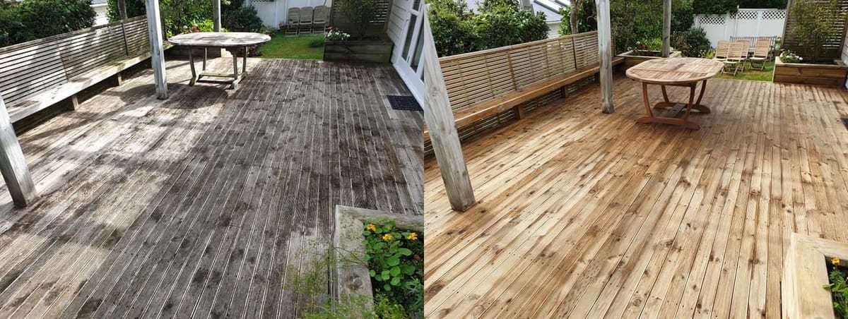 Wellington deck restoration before and after, large timber entertaining deck blackened with mould and ingrained dirt before, fresh honey-toned timber after sanding and a clean