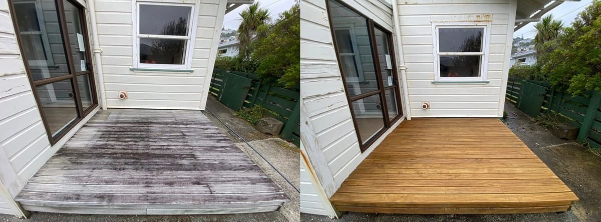 Deck restoration in Lyall Bay, before and after, weathered grey timber cleaned and restored to fresh natural tone