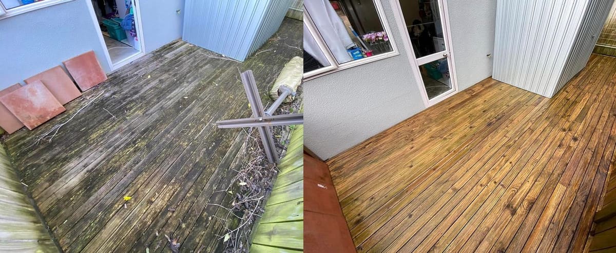 Deck restoration in Mount Cook, before and after, weathered grey timber cleaned and restored to fresh natural tone