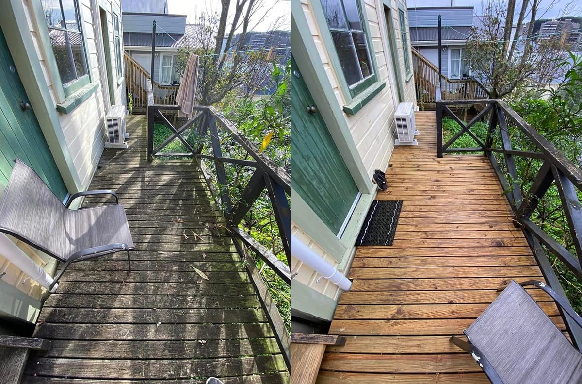 Deck restoration in Mount Cook, before and after, weathered grey timber cleaned and restored to fresh natural tone