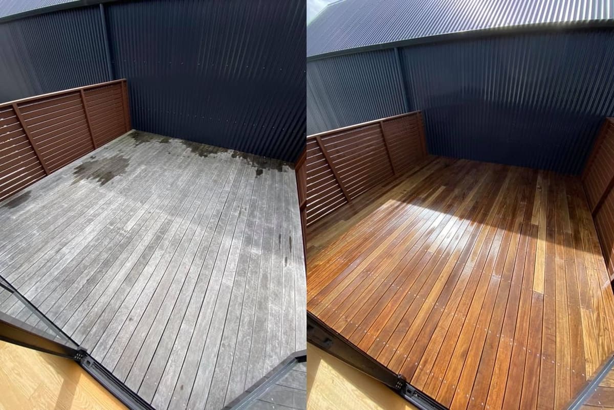 Deck restoration in Mount Victoria, before and after, weathered grey timber cleaned and restored to fresh natural tone