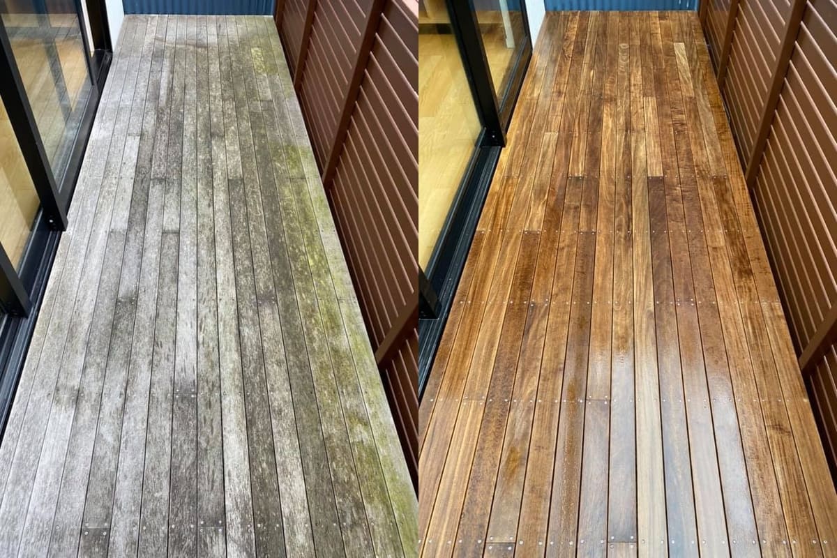 Deck restoration in Mount Victoria, before and after, weathered grey timber cleaned and restored to fresh natural tone