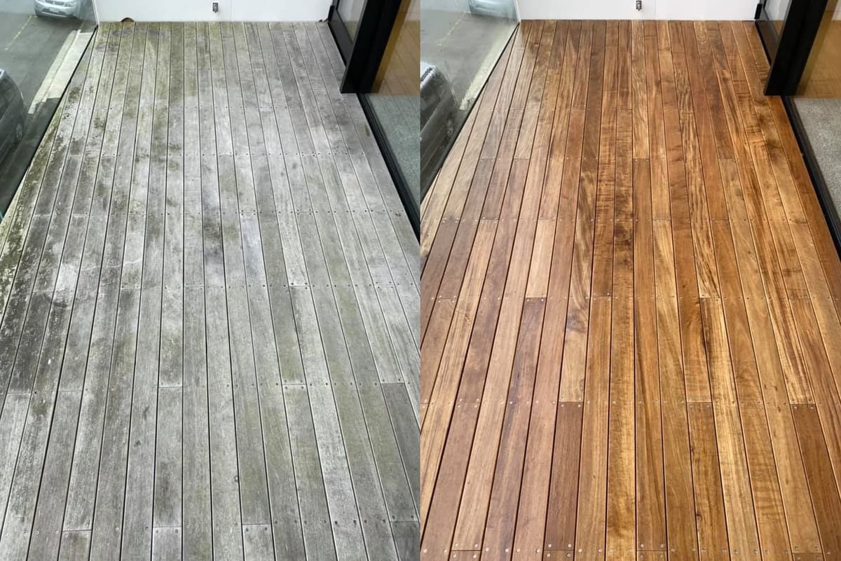 Deck restoration in Mount Victoria, before and after, weathered grey timber cleaned and restored to fresh natural tone