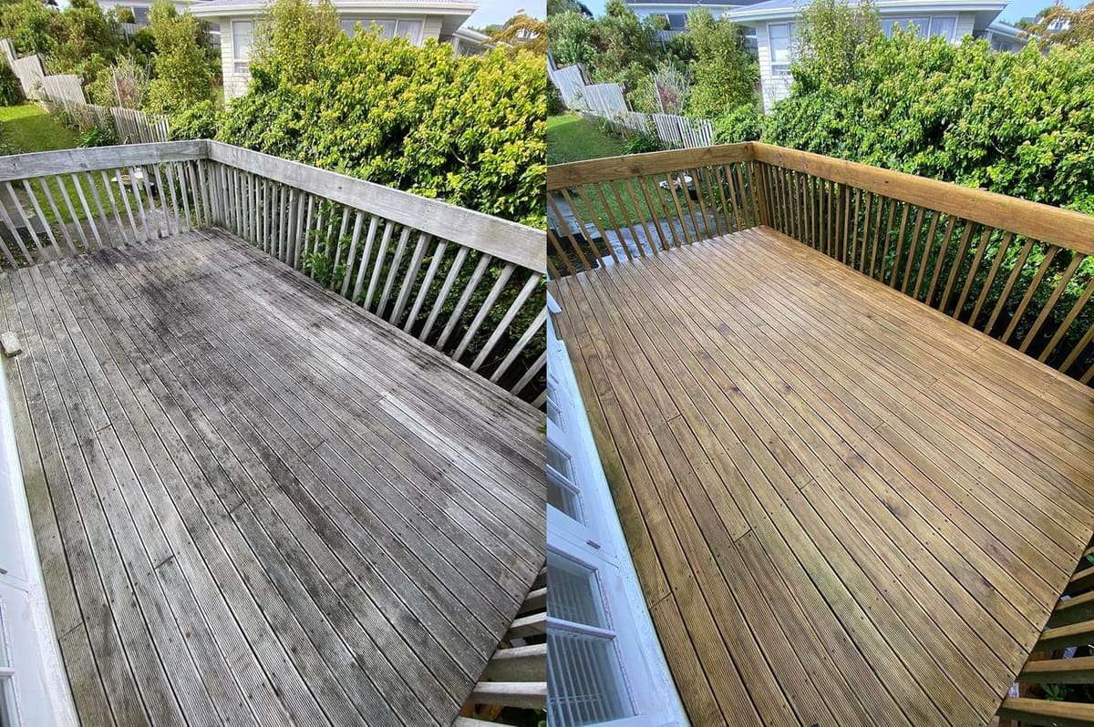 Deck restoration in Newlands, before and after, weathered grey timber cleaned and restored to fresh natural tone