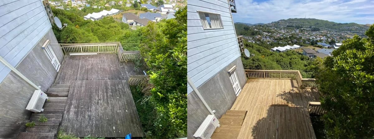 Deck restoration in Newlands, before and after, weathered grey timber cleaned and restored to fresh natural tone