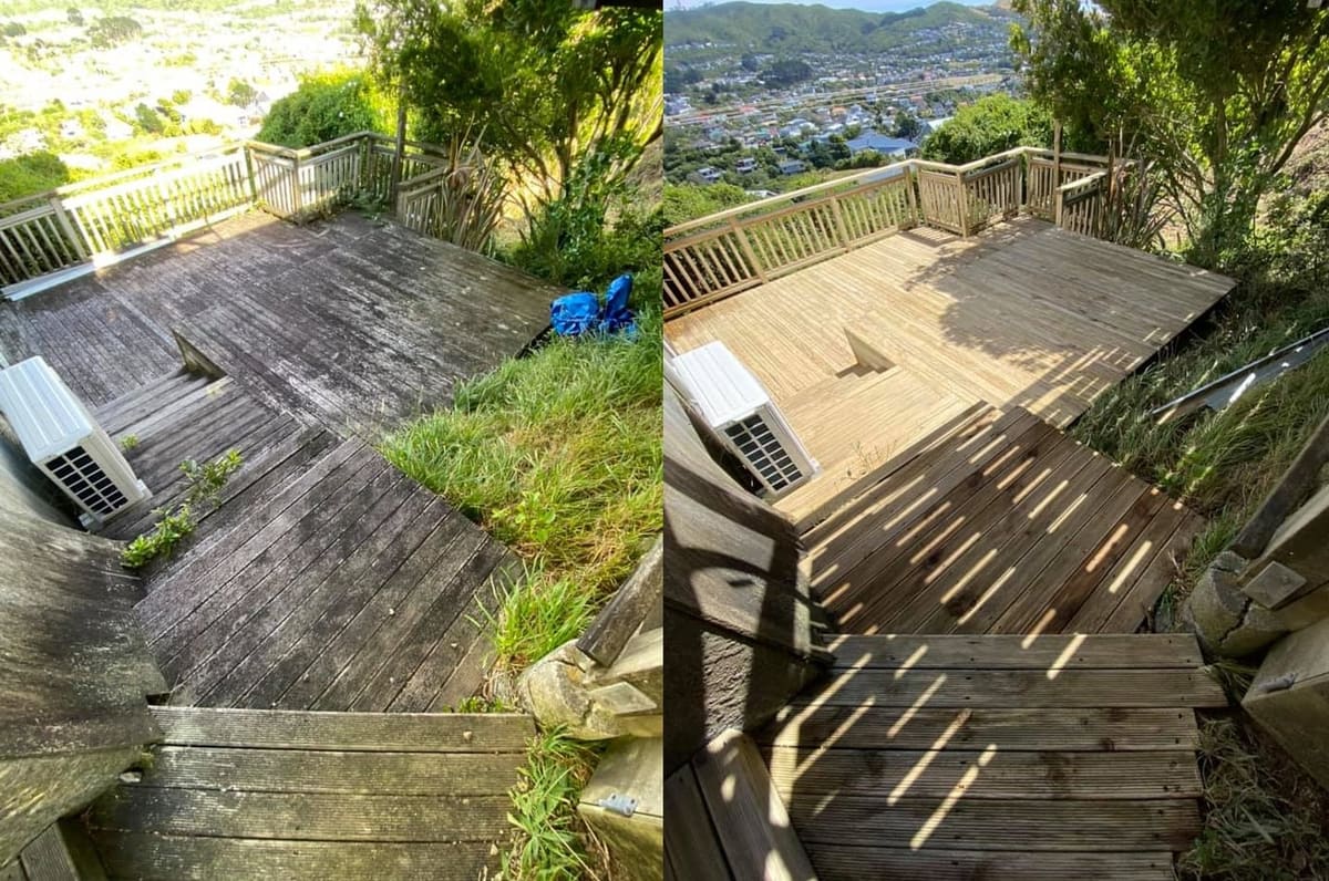 Deck restoration in Newlands, before and after, weathered grey timber cleaned and restored to fresh natural tone