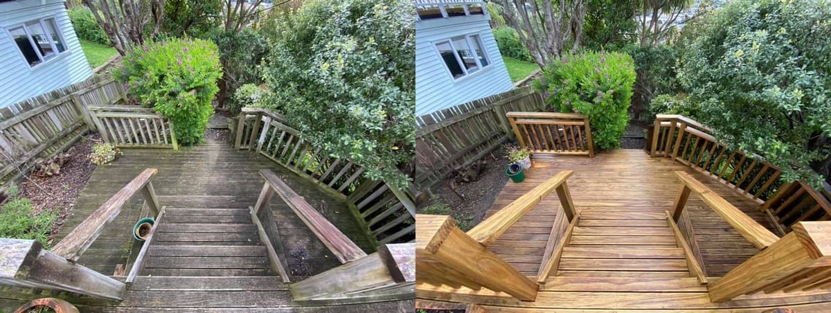 Deck restoration in Northland, before and after, weathered grey timber cleaned and restored to fresh natural tone