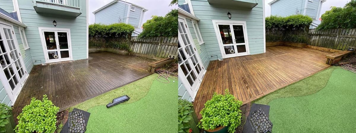 Deck restoration in Petone, before and after, weathered grey timber cleaned and restored to fresh natural tone