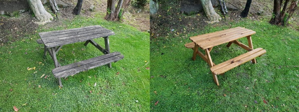 Deck restoration in Mornington, free-standing wooden picnic table on grass, weathered grey-and-lichen before, freshly sanded timber after