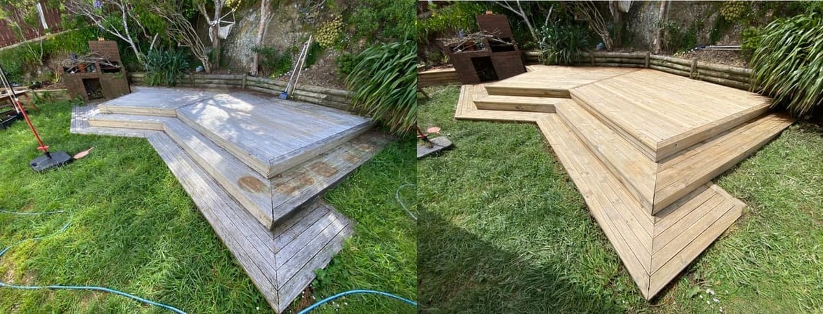 Wellington deck restoration before and after, stepped timber platform deck in a bush back yard weathered grey before, fresh warm-toned timber platform after sanding and a clean