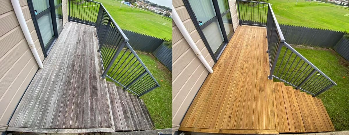 Deck restoration in Porirua, before and after, weathered grey timber cleaned and restored to fresh natural tone