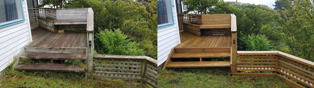 Deck restoration in Kingston, raised wooden deck with a built-in bench seat and lattice railing, weathered grey before, fresh stained timber after